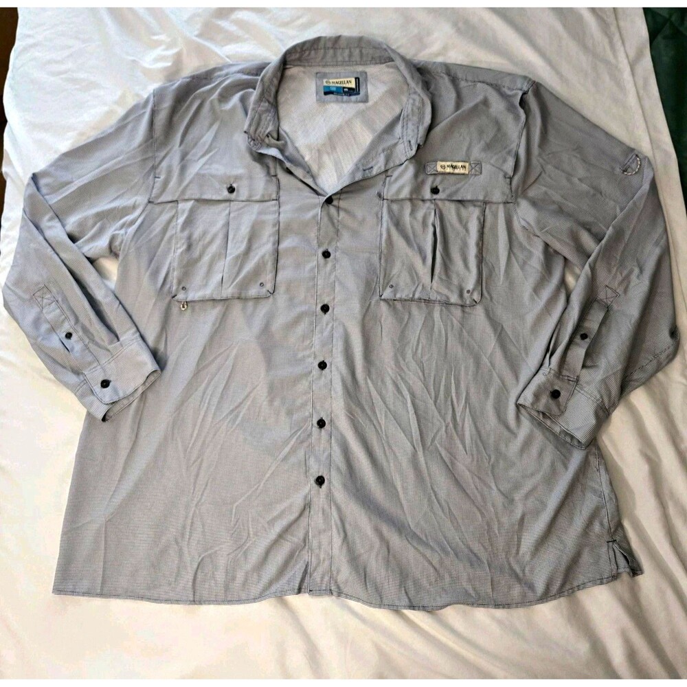 MAGELLAN Fishing Gear Mens Shirt 4XL Long Sleeve Vented Gray White Plaid NWOT